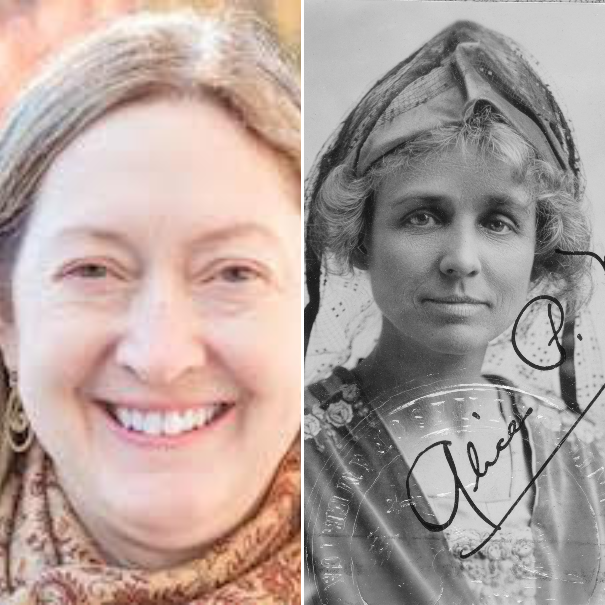Side-by-side portraits of a smiling woman in color and a vintage black-and-white photo of a woman with a headpiece.