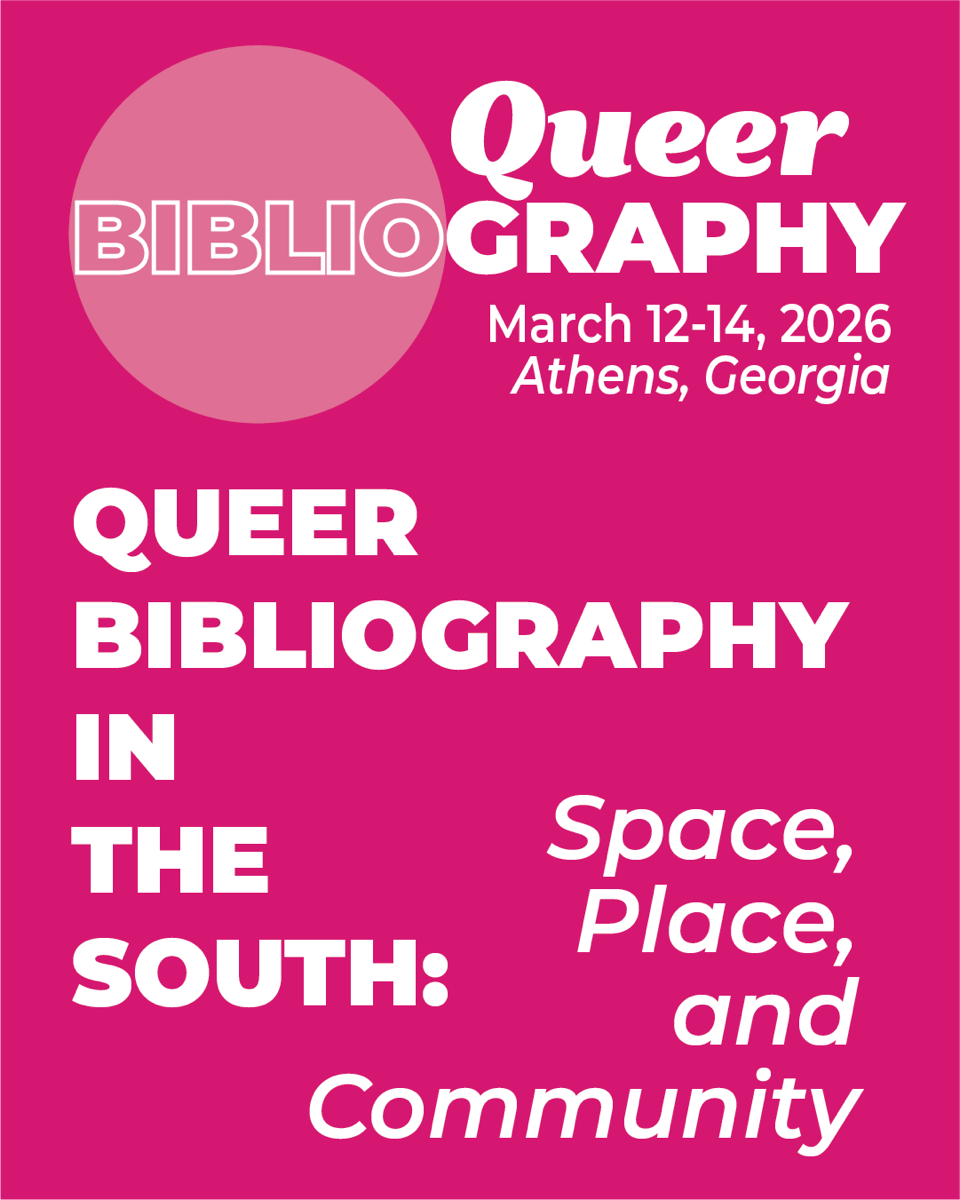 Promotional poster for Queer Bibliography event in March 2026, featuring a pink background and bold white text.