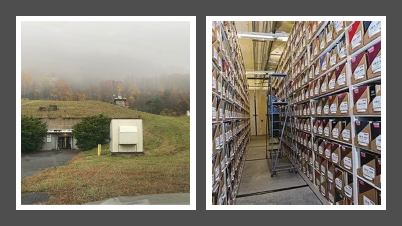 The image is divided into two sections. The left section shows an outdoor scene of a partly underground facility. A grassy hill, possibly a bunker, blends into a foggy landscape with autumn-colored trees. A concrete entrance is visible at the base of the hill, flanked by two green bushes. In front of the entrance is a small, white utility shed with a sloped roof.  The right section depicts an indoor archive with rows of shelves filled with uniformly sized boxes. The shelves extend from floor to ceiling and are marked with labels. There is a person standing on a rolling ladder, accessing one of the boxes. The room is brightly lit with overhead lighting.