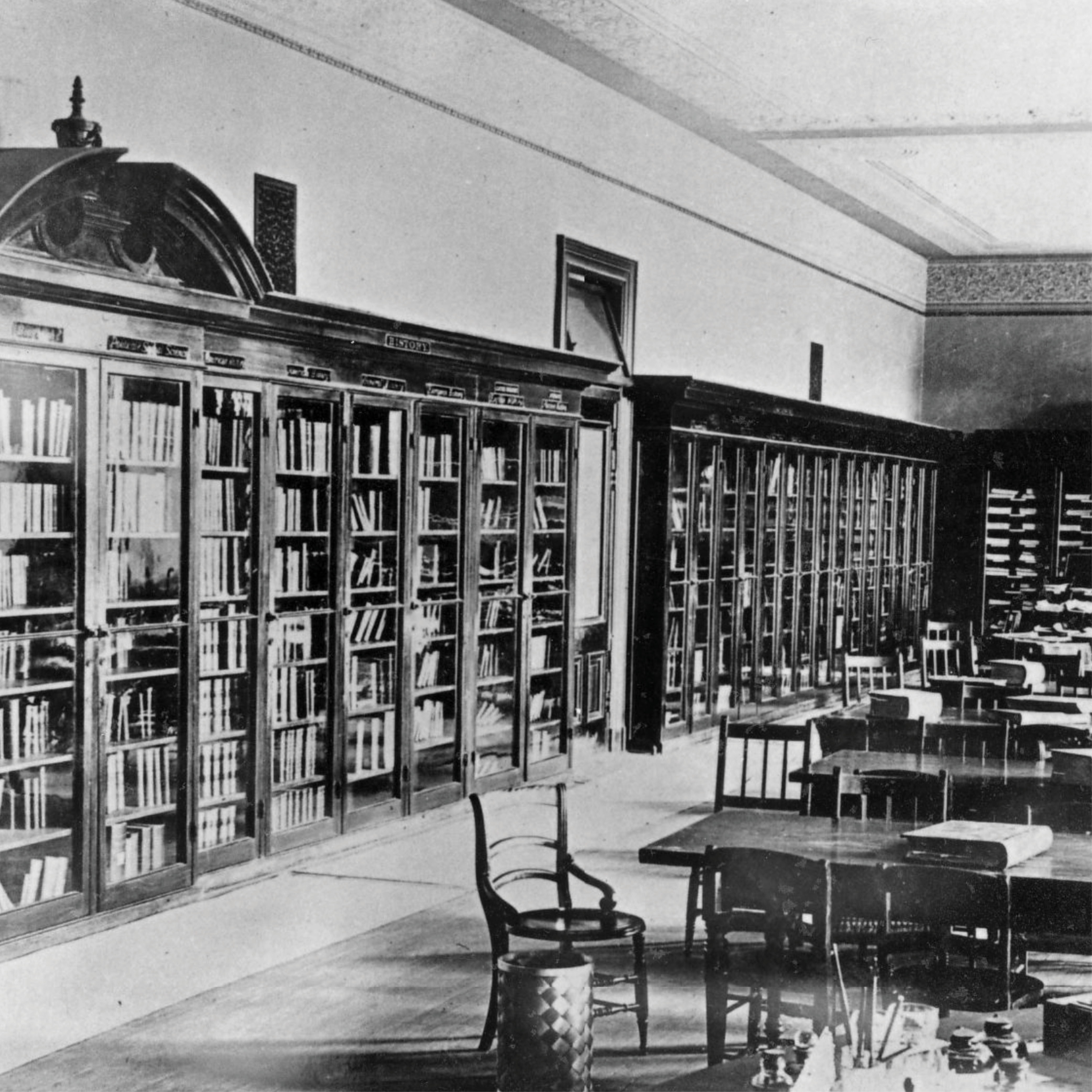 Library book shelves (San Jose, ca. 1900s). San Jose State University Library Special Collections & Archives.