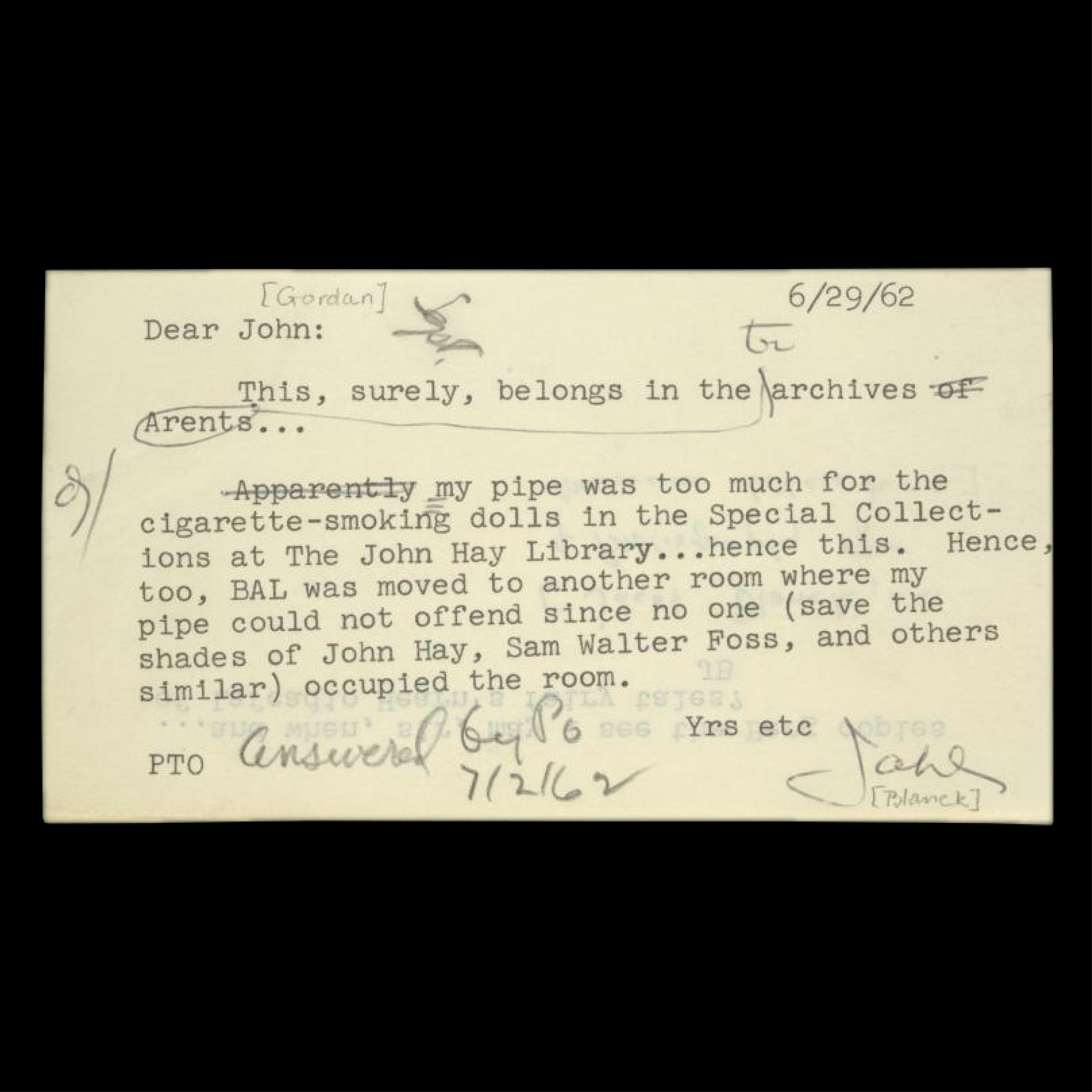 Jacob Blanck, “This surely belongs in the archives…” (1962). The New York Public Library.