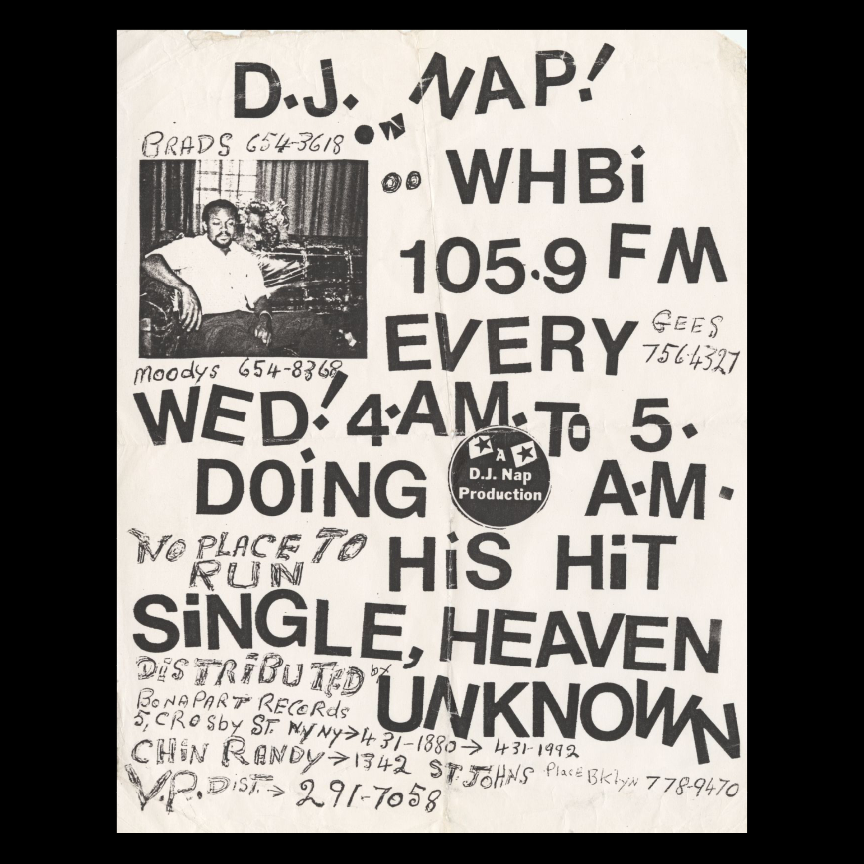Flyer for a radio show on WHBI by D.J. Nap!