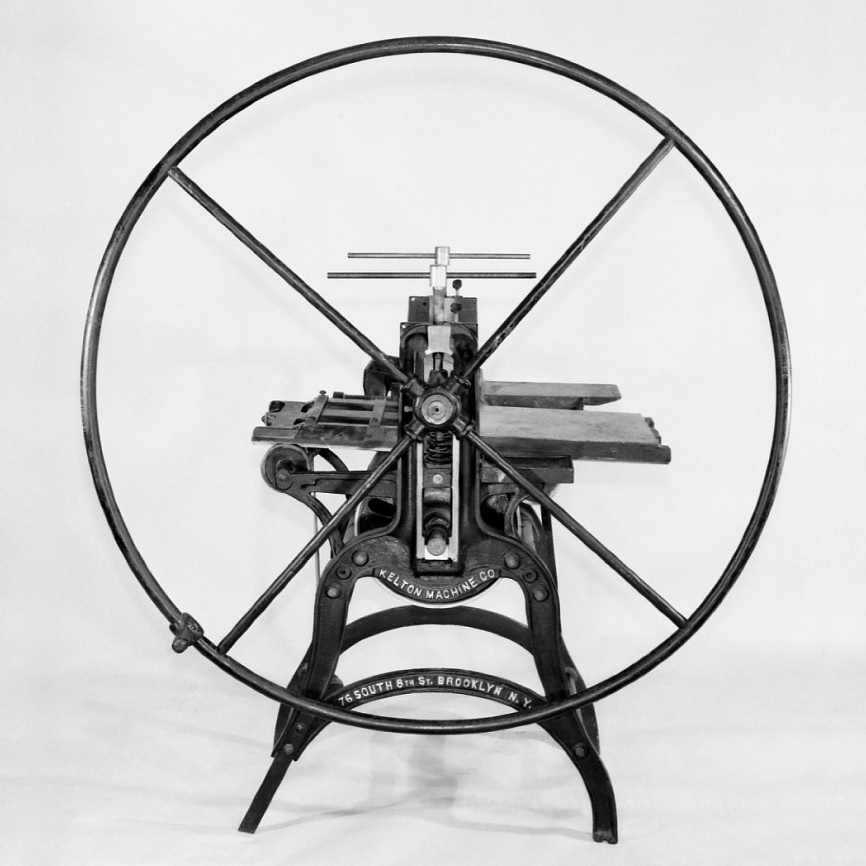 D-cylinder copperplate press, with attached inking table and hanging counterweight for the bed return. Late 19th century. Bed (working part) 14x20-1/2, cylinder diameter 6.